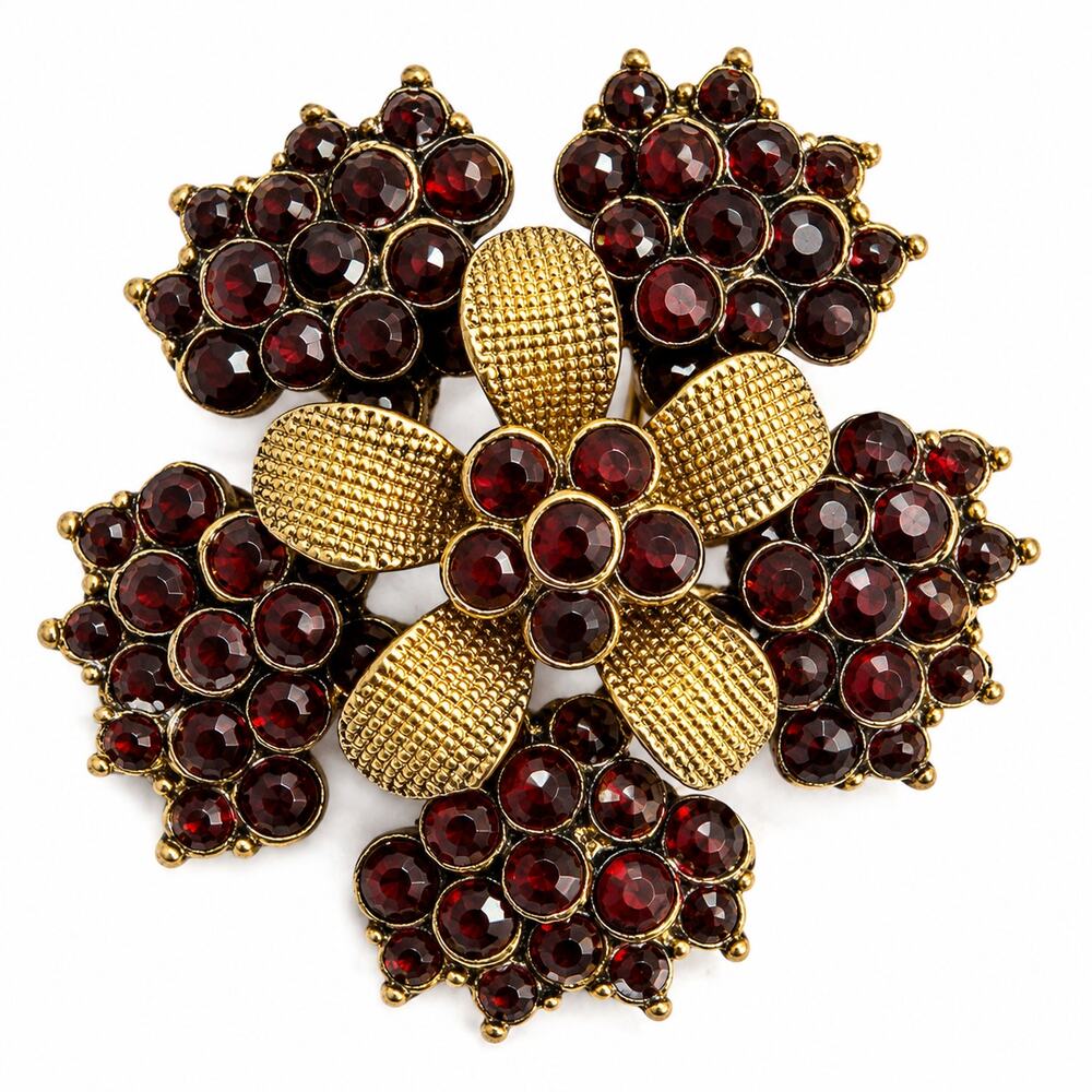 Vintage Red Garnet Glass Rhinestone Floral Cluster Gold Tone Brooch Pin